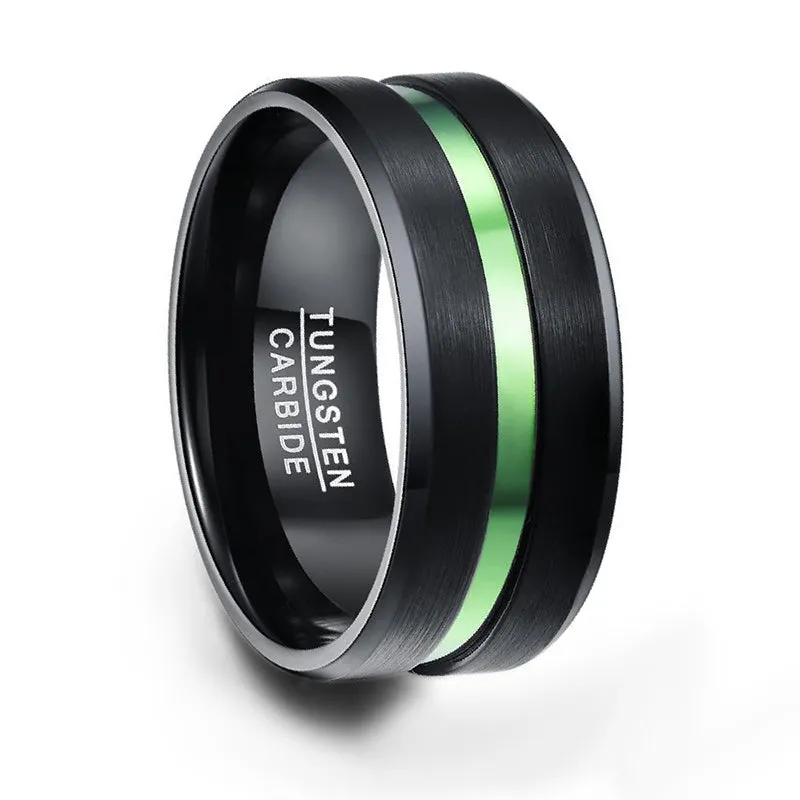 10mm Dual Brushed Matte Black and Green Inlay Tungsten Carbide Ring