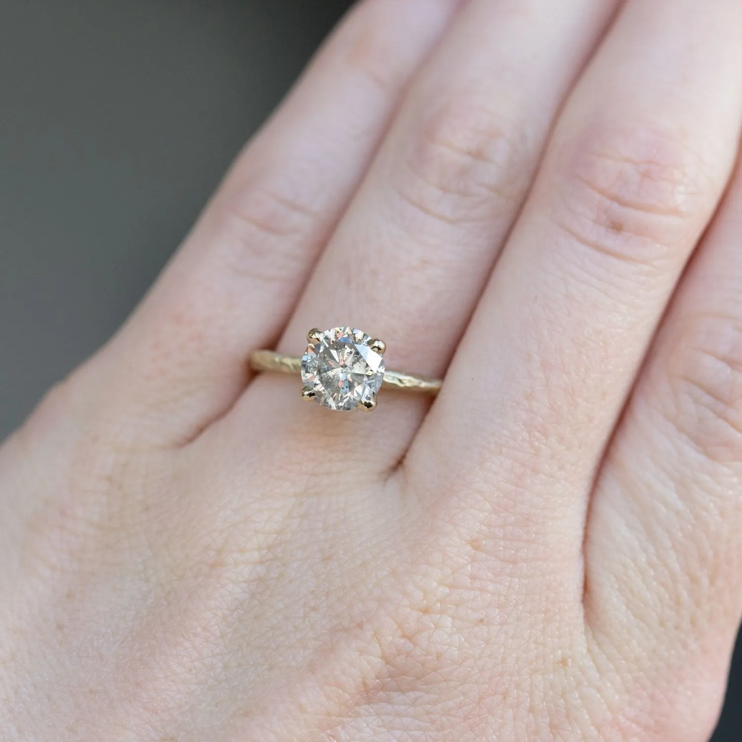 1.74ct Lightly Peppered Brilliant Light Champagne Diamond Solitaire in Evergreen Carved Recycled Yellow Gold