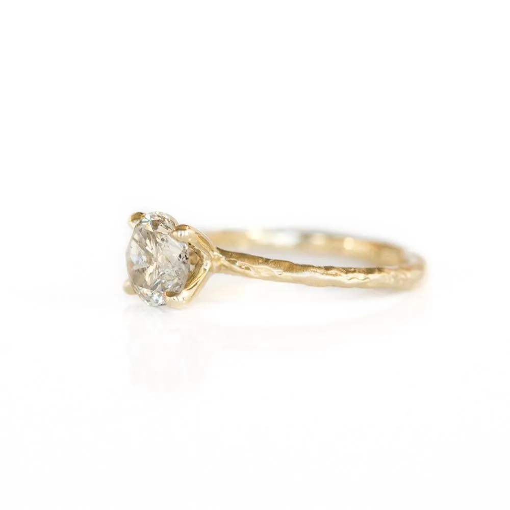 1.74ct Lightly Peppered Brilliant Light Champagne Diamond Solitaire in Evergreen Carved Recycled Yellow Gold