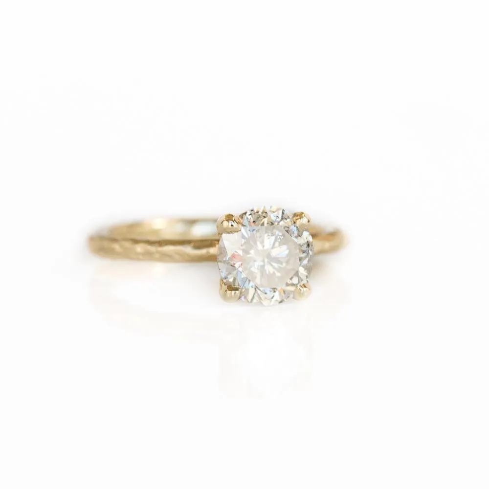 1.74ct Lightly Peppered Brilliant Light Champagne Diamond Solitaire in Evergreen Carved Recycled Yellow Gold