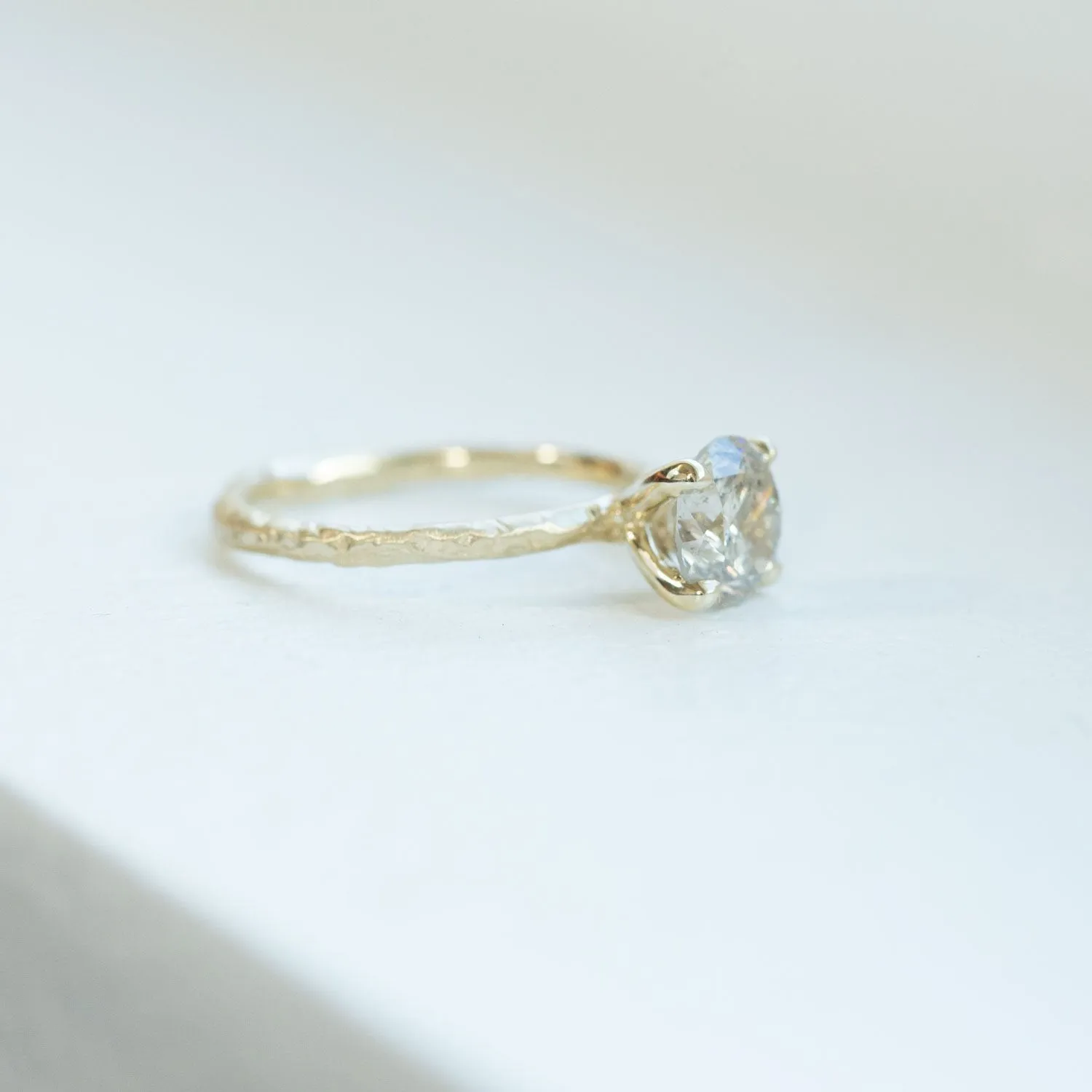 1.74ct Lightly Peppered Brilliant Light Champagne Diamond Solitaire in Evergreen Carved Recycled Yellow Gold