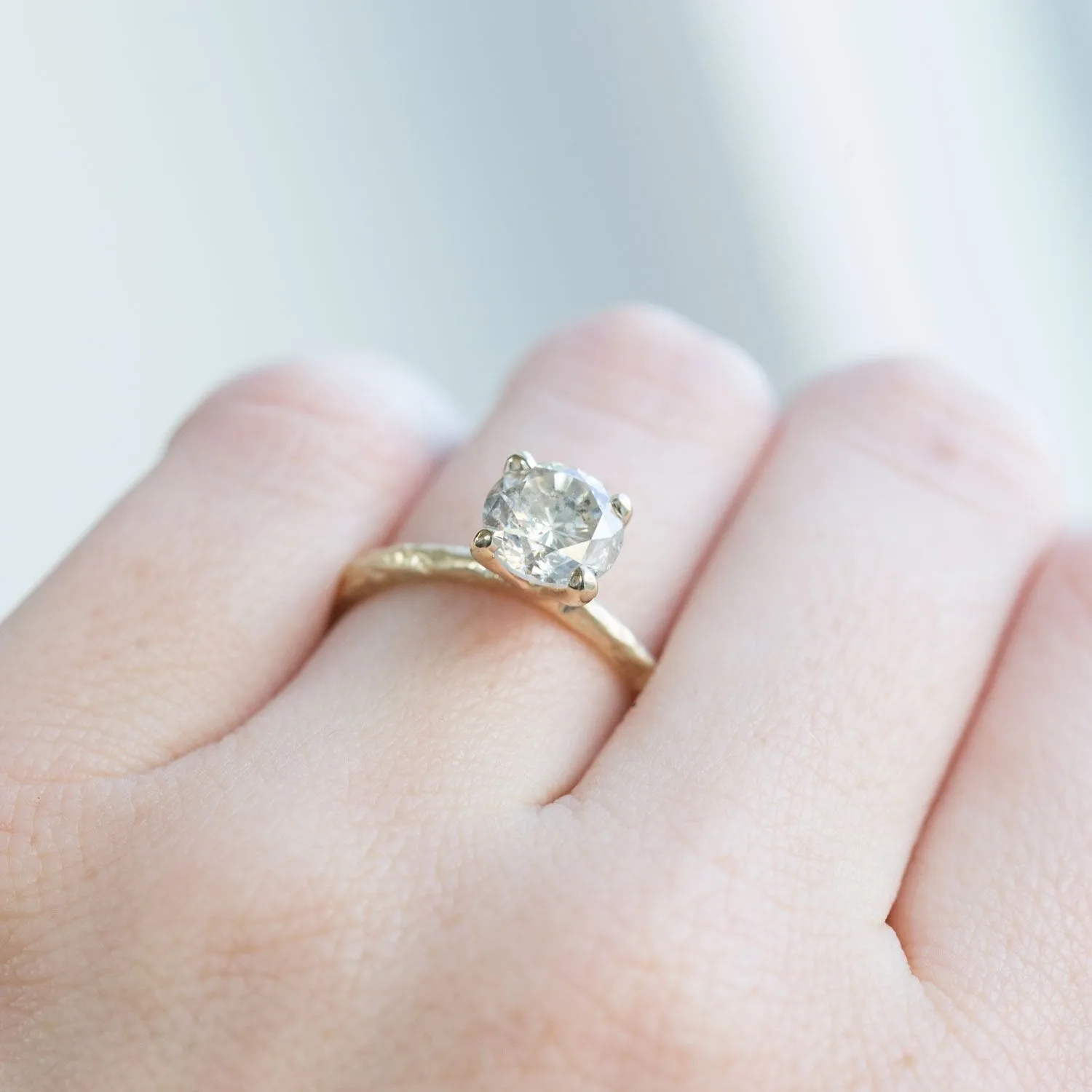 1.74ct Lightly Peppered Brilliant Light Champagne Diamond Solitaire in Evergreen Carved Recycled Yellow Gold