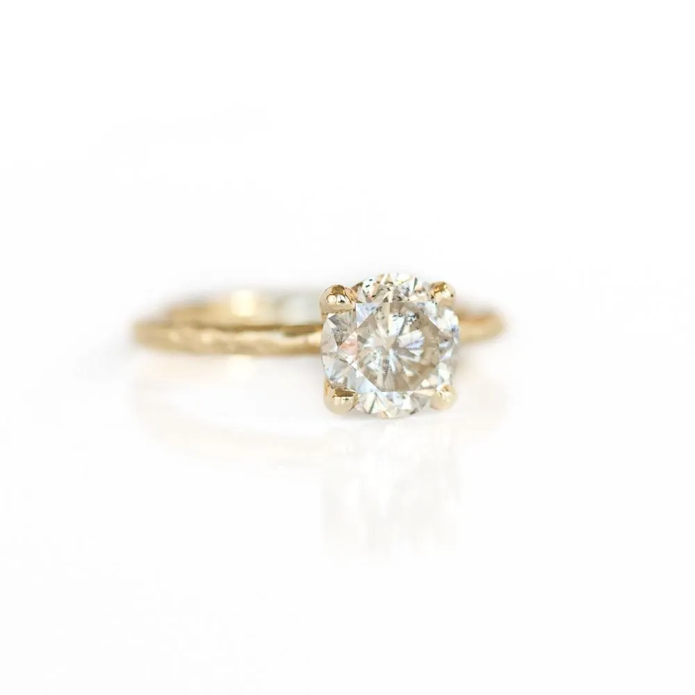 1.74ct Lightly Peppered Brilliant Light Champagne Diamond Solitaire in Evergreen Carved Recycled Yellow Gold