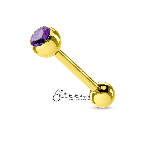 18K Gold I.P Over Surgical Steel Tongue Bar with Single Tanzanite Crystal