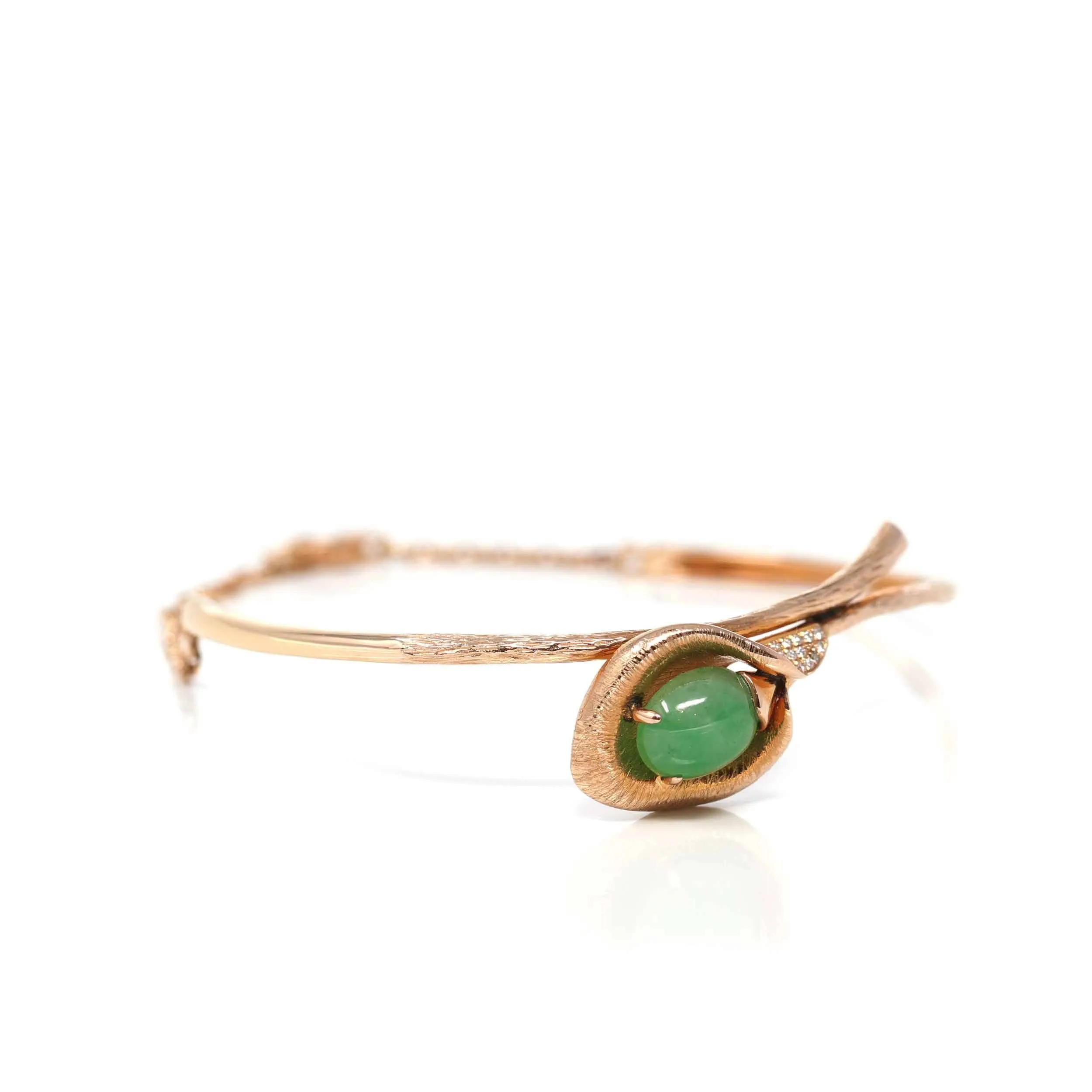 18k Rose Gold "Morning Glory" Half Bracelet Bangle with Green Imperial Jade & Diamonds