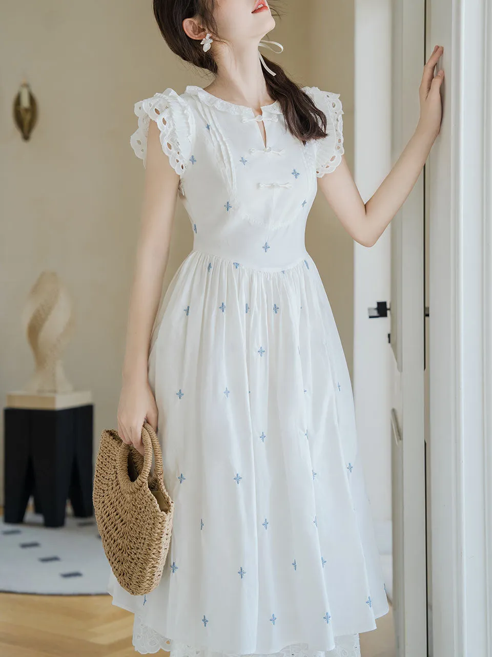 1950S Blue Star Embroidered Lace Angel Wings Dress