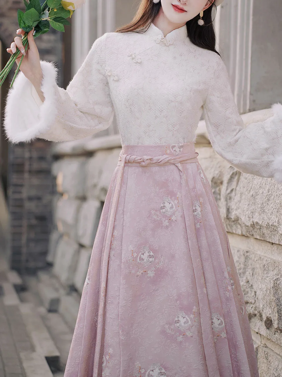 2PS Pink Stand Collar Bell Sleeve Embroidered Top and Horse-face Skirt Vintage Suits