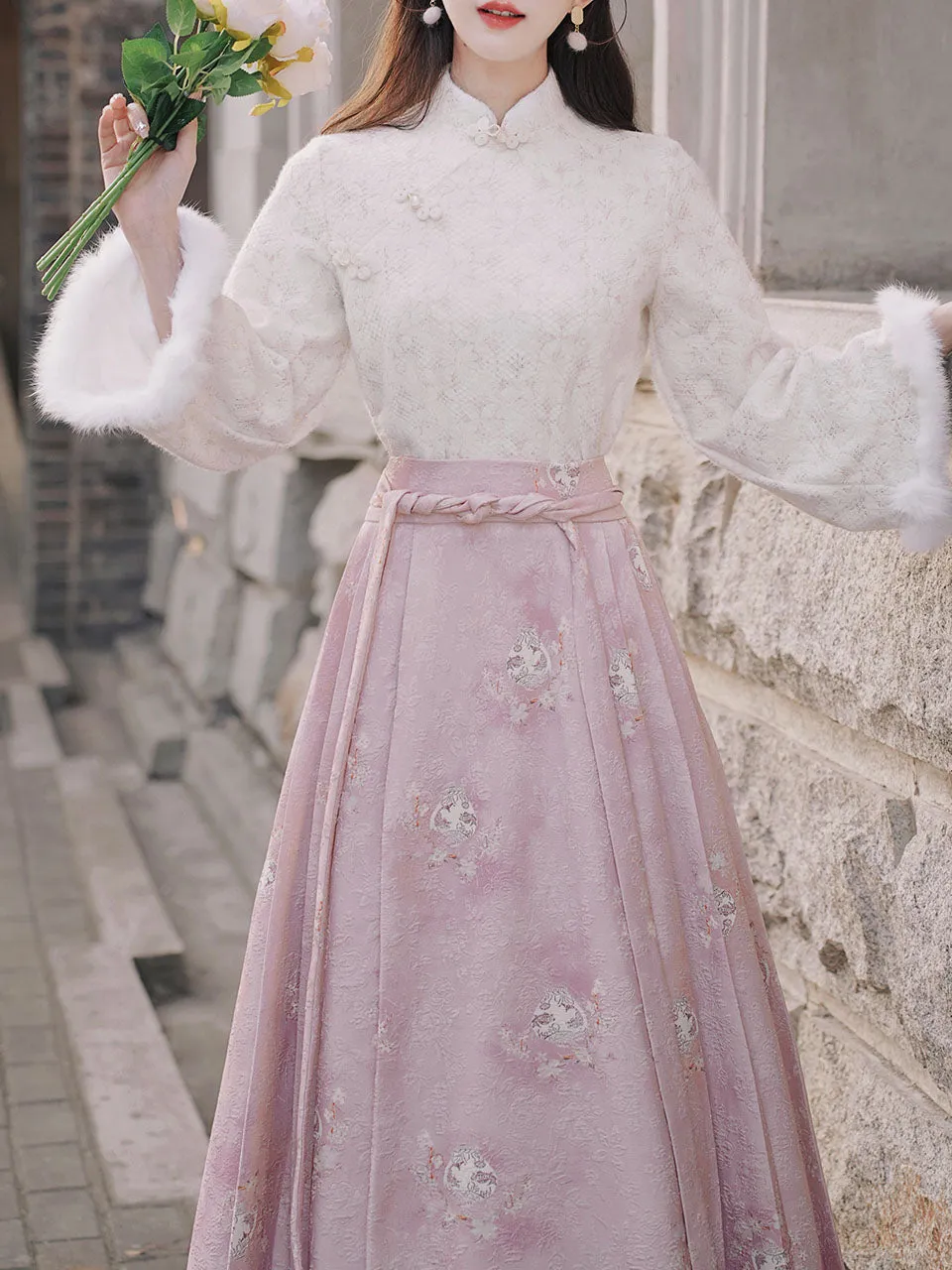 2PS Pink Stand Collar Bell Sleeve Embroidered Top and Horse-face Skirt Vintage Suits