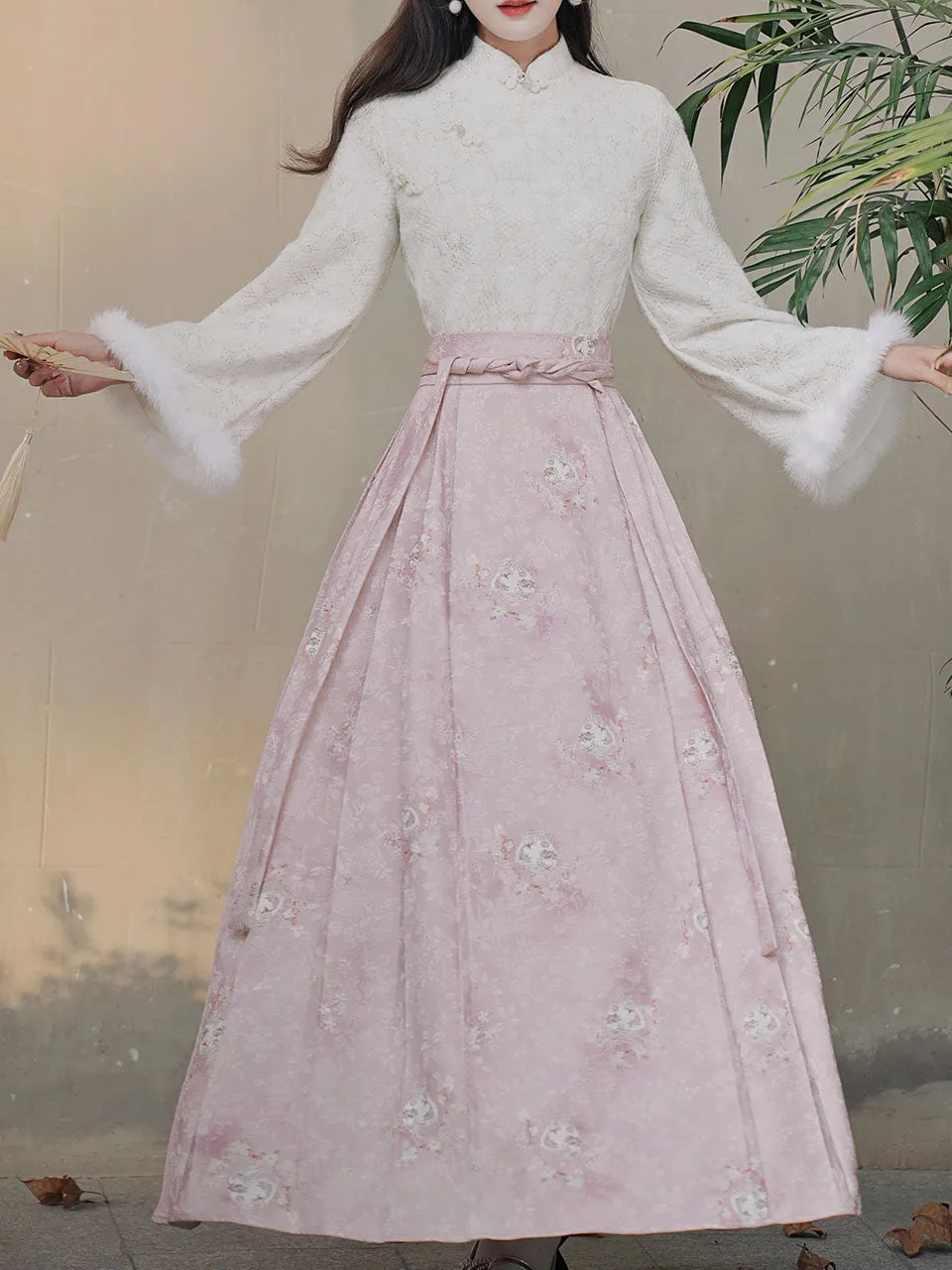 2PS Pink Stand Collar Bell Sleeve Embroidered Top and Horse-face Skirt Vintage Suits