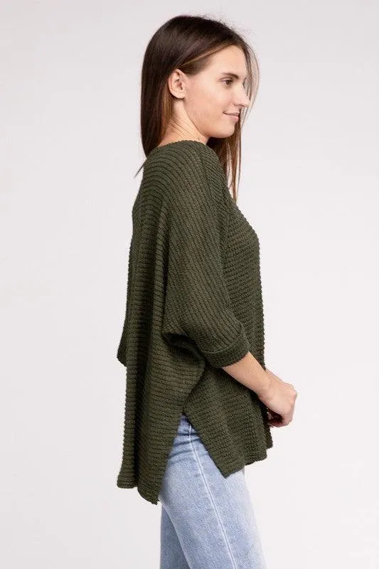 3/4 Sleeve V-Neck Hi-Low Hem Jacquard Sweater