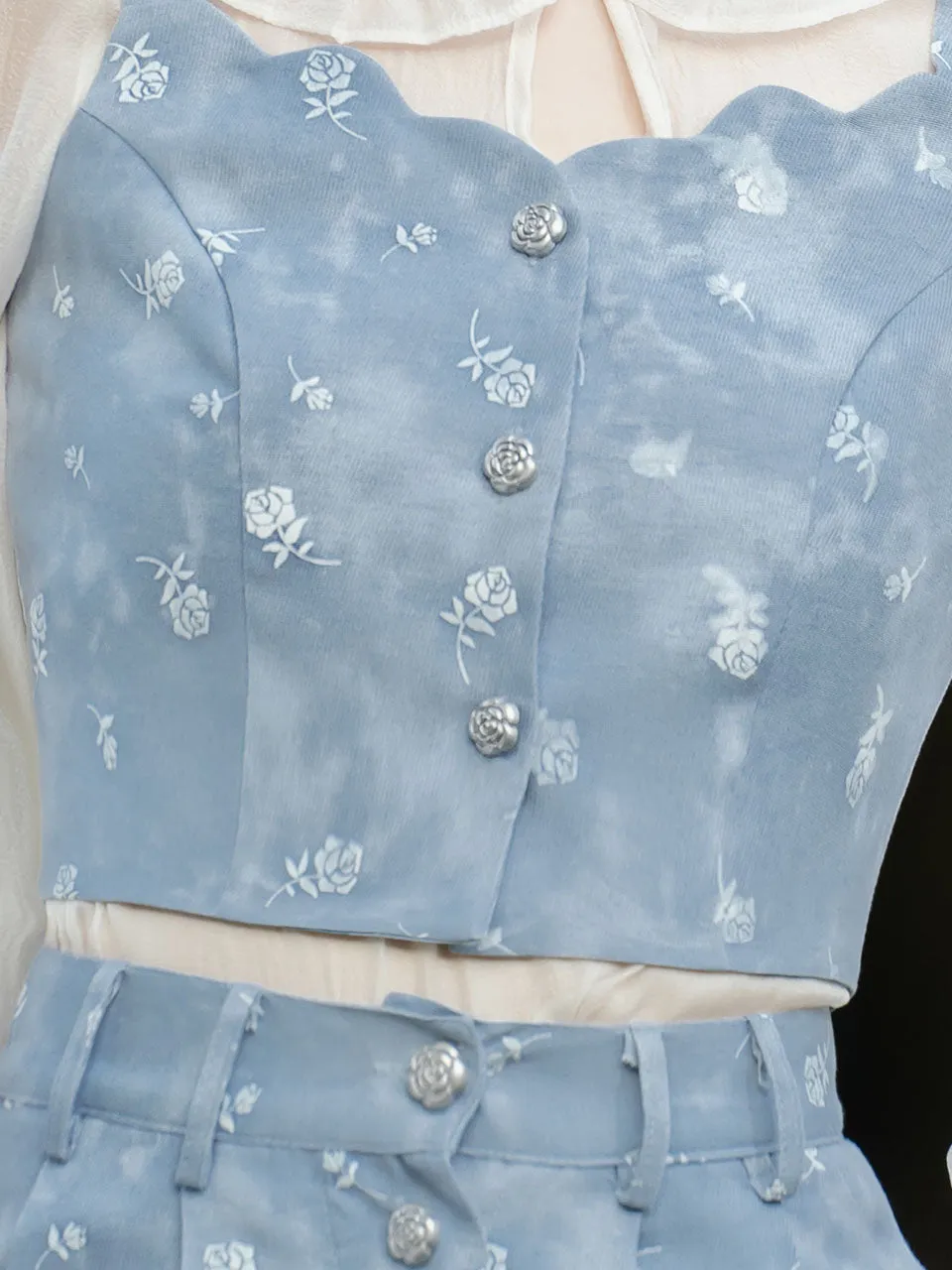 3PS Denim Rose Embroidered Top and White Chiffon Bottoming Shirt Skirt Set