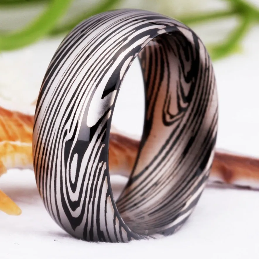 6 & 8mm Classic Damascus Steel Pattern Tungsten Wedding Ring