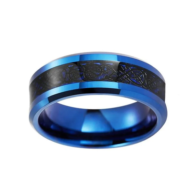 8mm Blue Tungsten Ring with Carbon Fiber Black Dragon Inlay