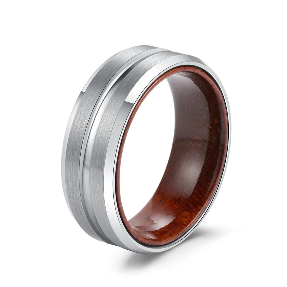 8mm Men Beveled Edges Tungsten with Rosewood Interior Comfort Fit Wedding Band