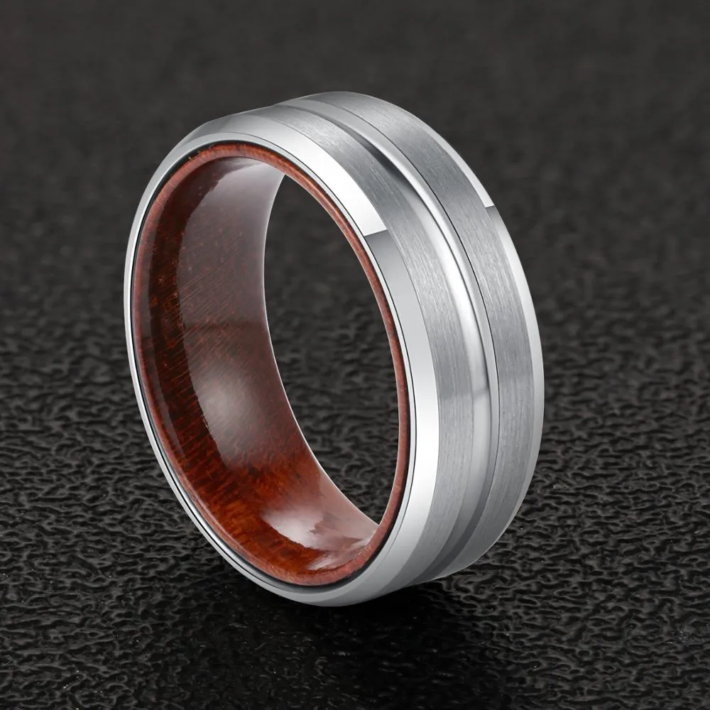 8mm Men Beveled Edges Tungsten with Rosewood Interior Comfort Fit Wedding Band