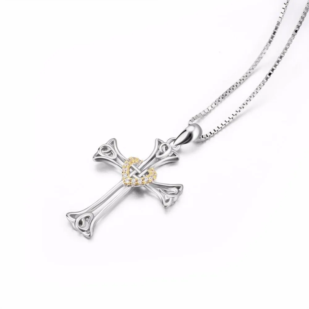 925 Sterling Silver Knot Heart Cross Pendant with Golden Crystal Sheath