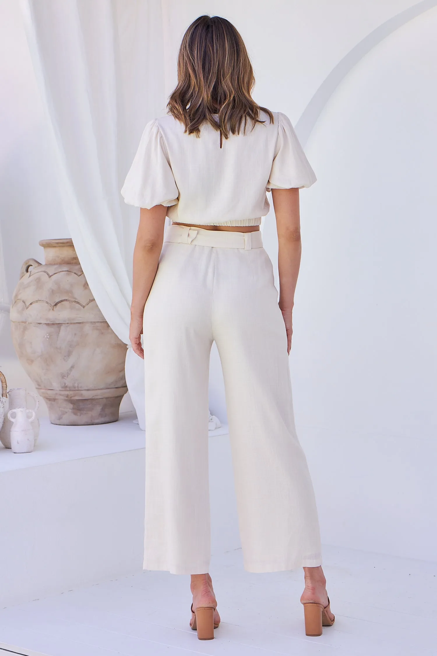 Alina Cream Top and Belted Pant Set