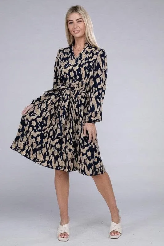 Amelia Animal Print Pleated Belted Dress