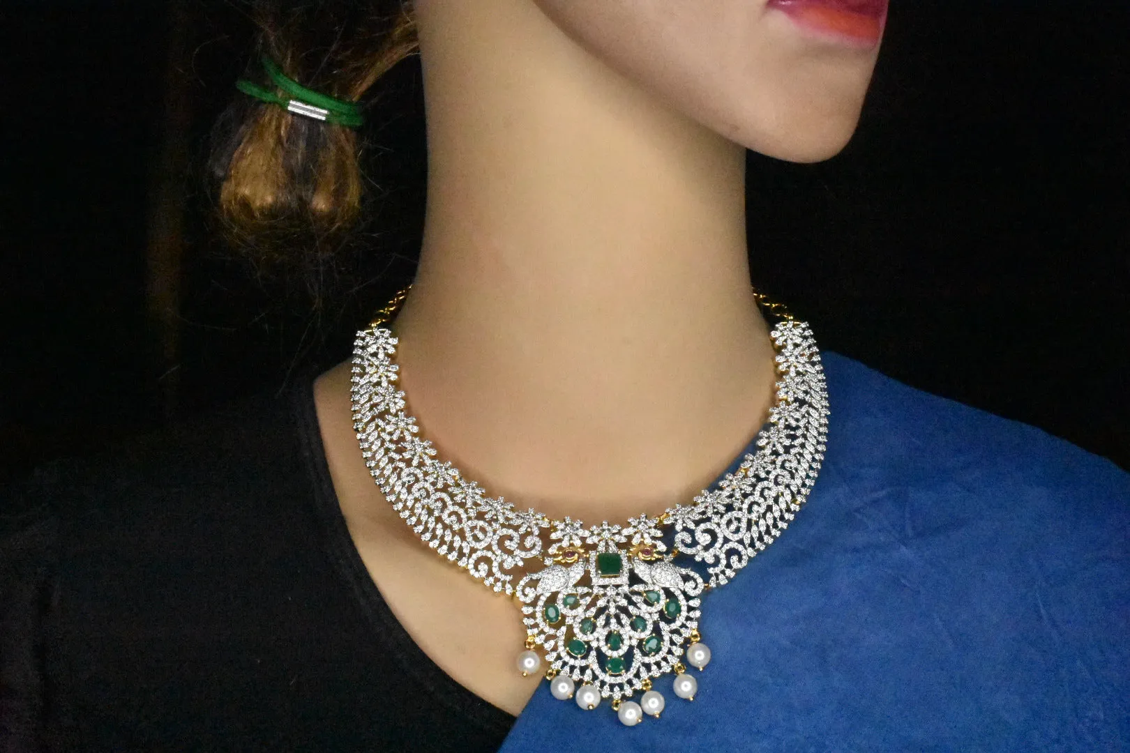 American Diamond Necklace With Emerald Pendant