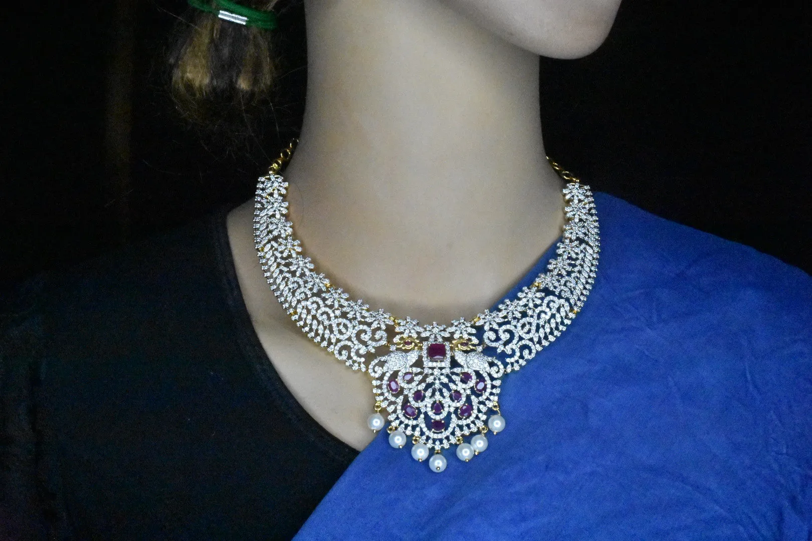 American Diamond Necklace With Emerald Pendant