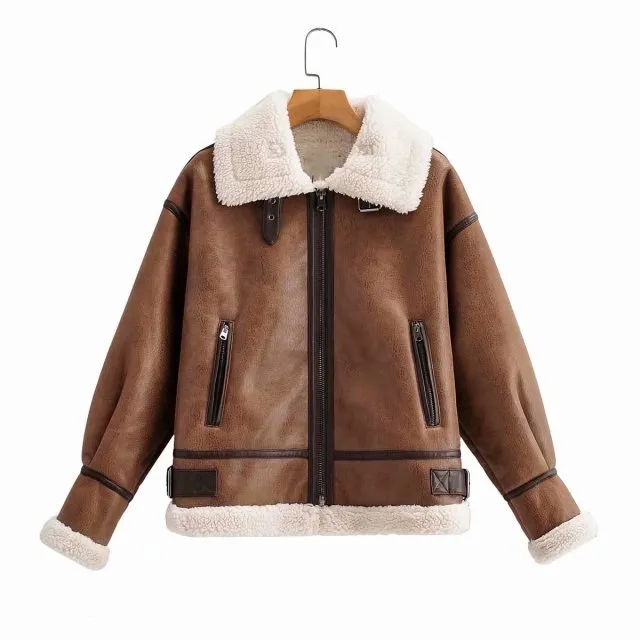 Ashore Shop Women's Sheepskin Faux Leather Hip Fur Jacket Coat