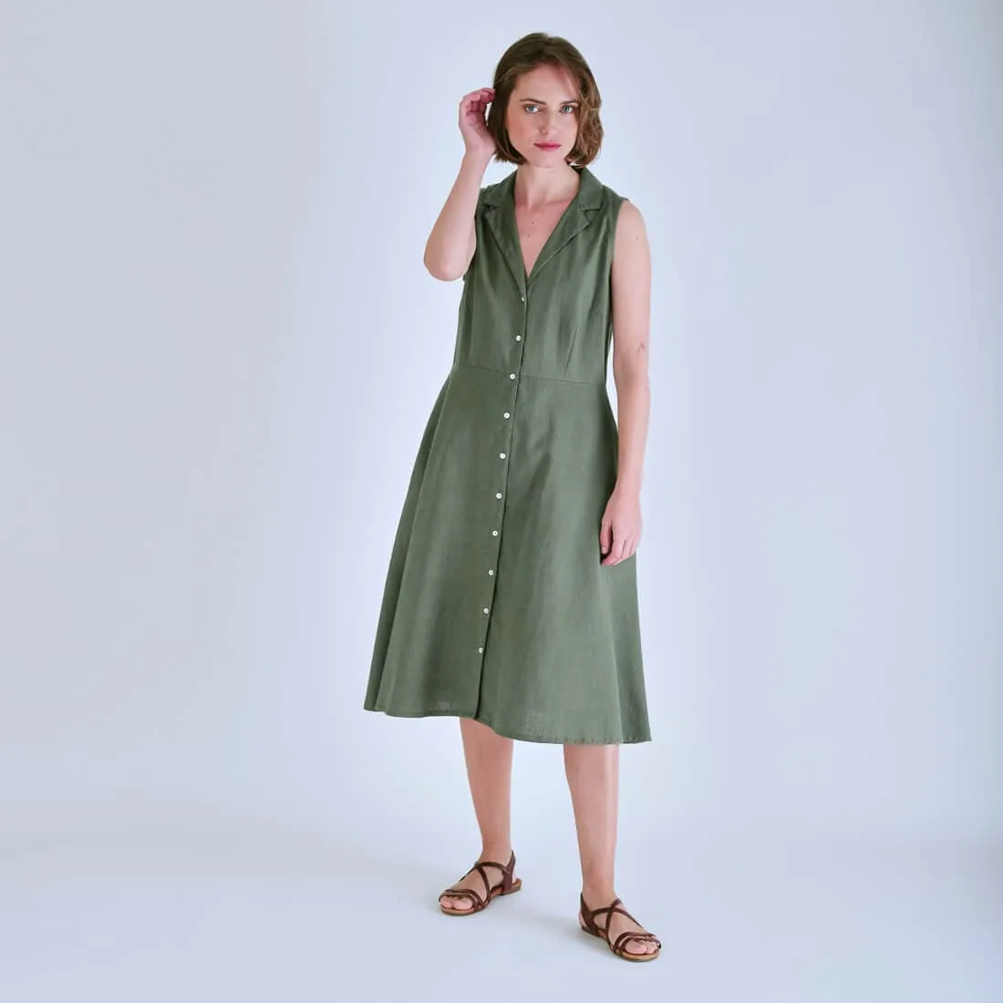 Aubrey Cotton & Linen Sleeveless Linen Shirt Dress | Olive