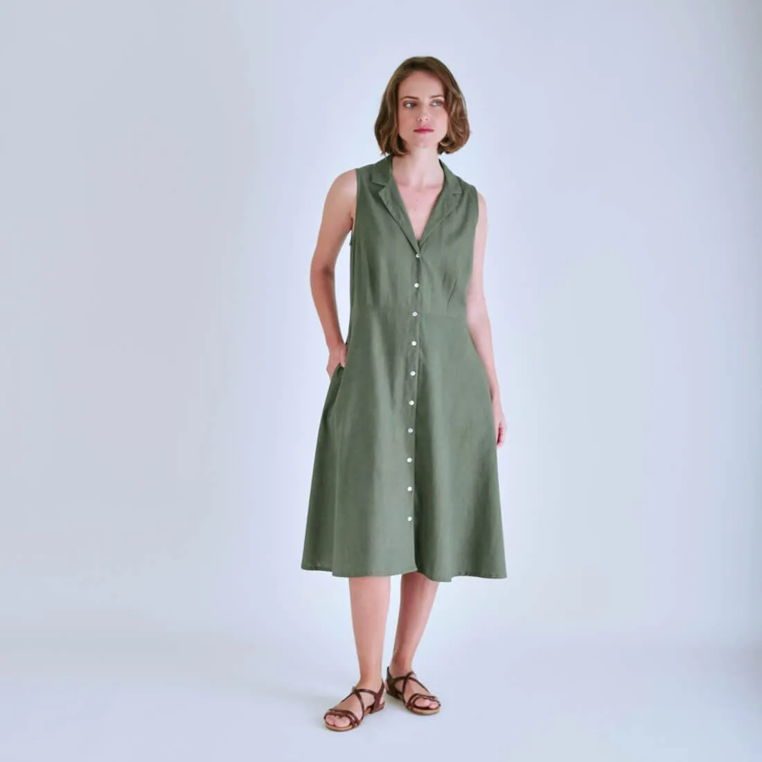 Aubrey Cotton & Linen Sleeveless Linen Shirt Dress | Olive