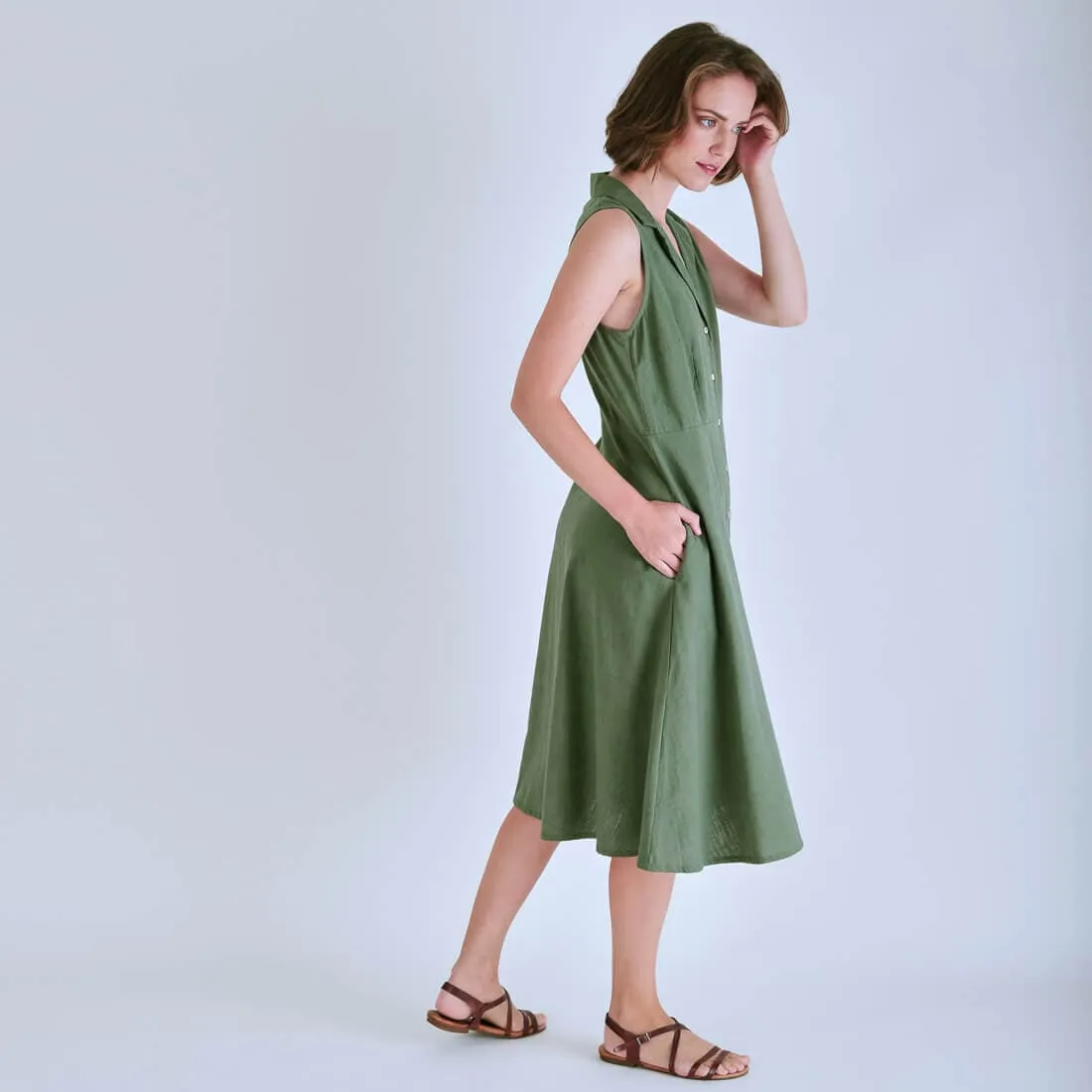 Aubrey Cotton & Linen Sleeveless Linen Shirt Dress | Olive