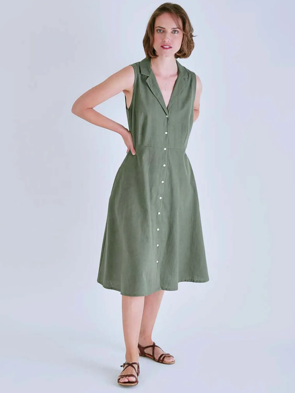 Aubrey Cotton & Linen Sleeveless Linen Shirt Dress | Olive