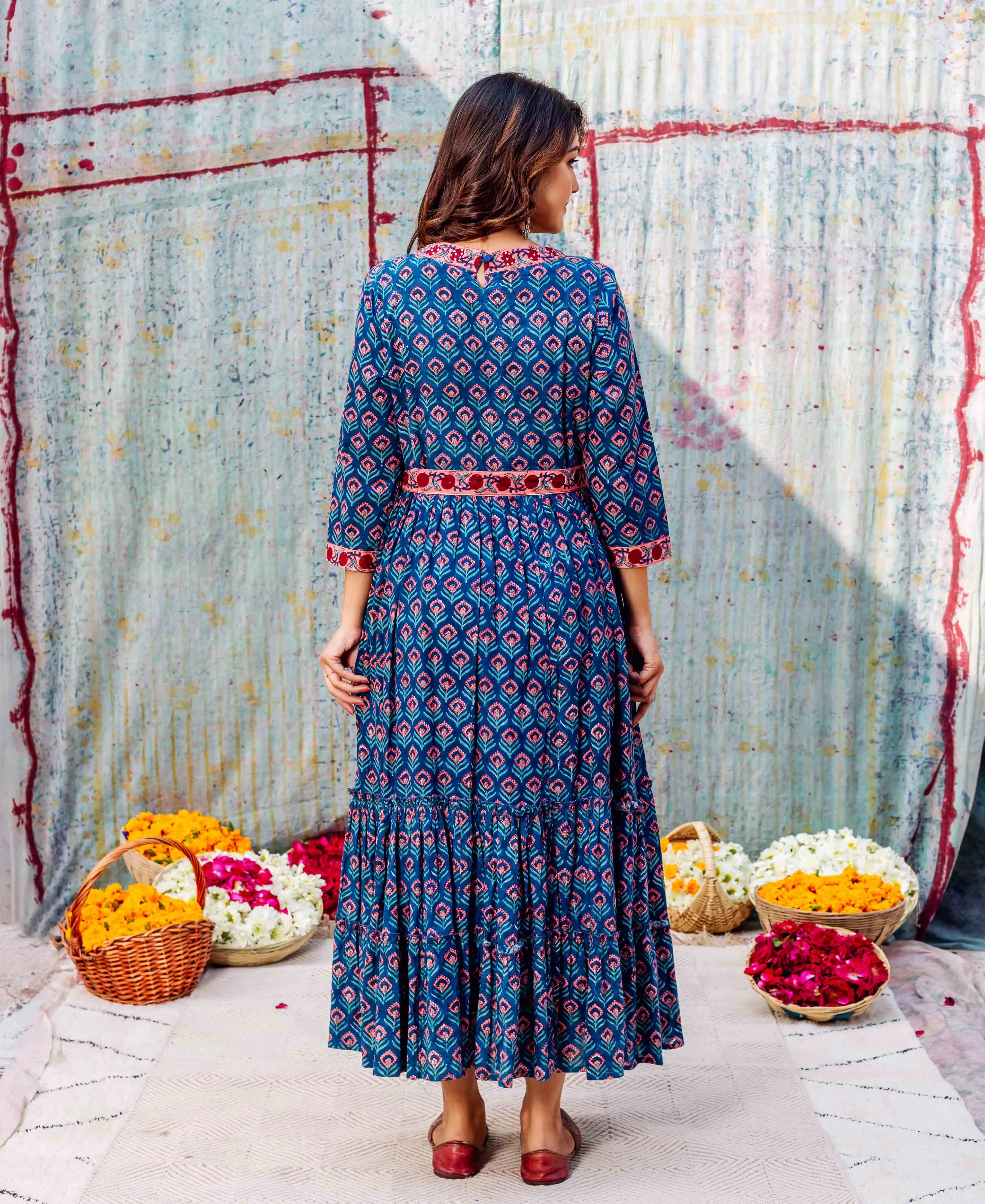 Azure Elegance Full-Length Hand Block Printed Dress