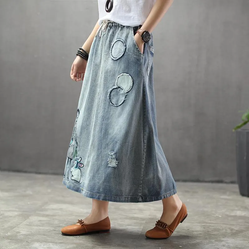 BABAKUD Summer Thin Cartoon Embroidered Patch Swing  Denim Skirt