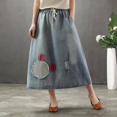 BABAKUD Summer Thin Cartoon Embroidered Patch Swing  Denim Skirt