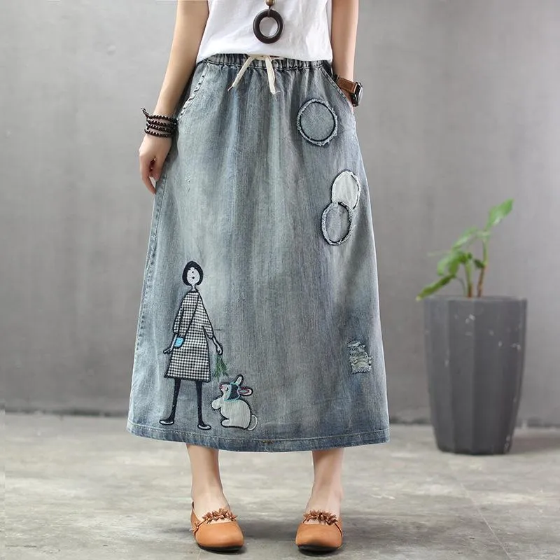 BABAKUD Summer Thin Cartoon Embroidered Patch Swing  Denim Skirt