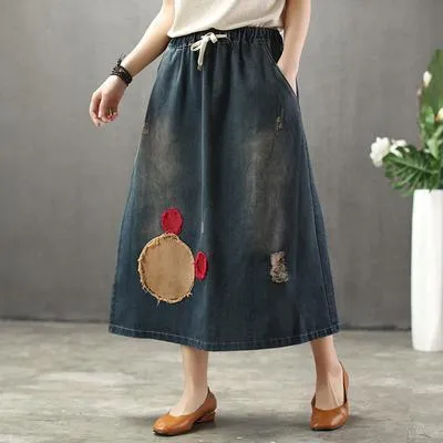 BABAKUD Summer Thin Cartoon Embroidered Patch Swing  Denim Skirt