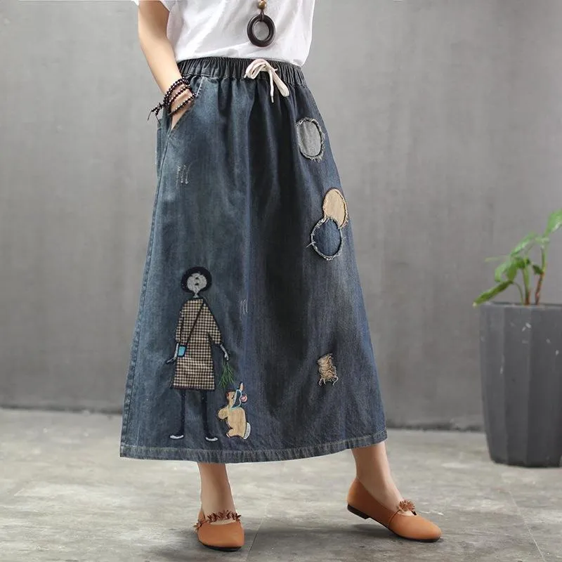 BABAKUD Summer Thin Cartoon Embroidered Patch Swing  Denim Skirt