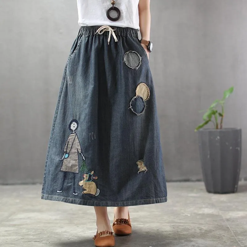 BABAKUD Summer Thin Cartoon Embroidered Patch Swing  Denim Skirt