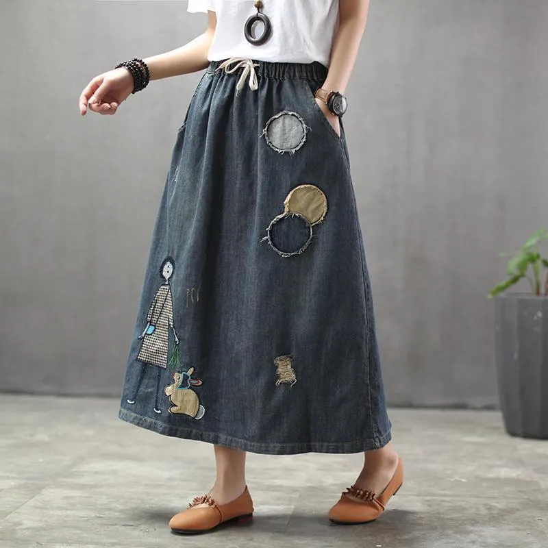 BABAKUD Summer Thin Cartoon Embroidered Patch Swing  Denim Skirt