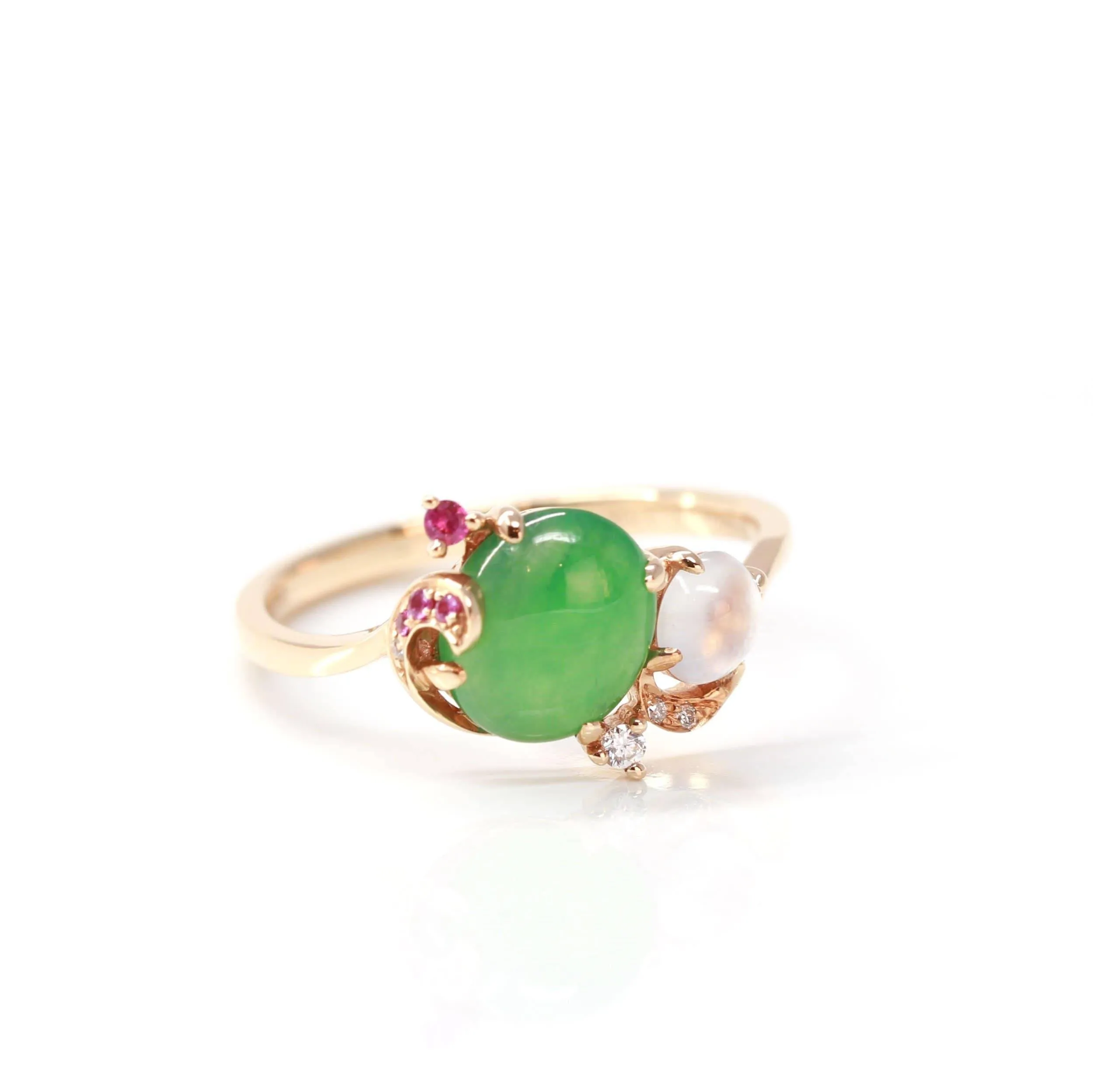 Baikalla? "Karla" 18k Rose Gold Natural Imperial Jadeite Engagement Ring With Rubies & Diamonds