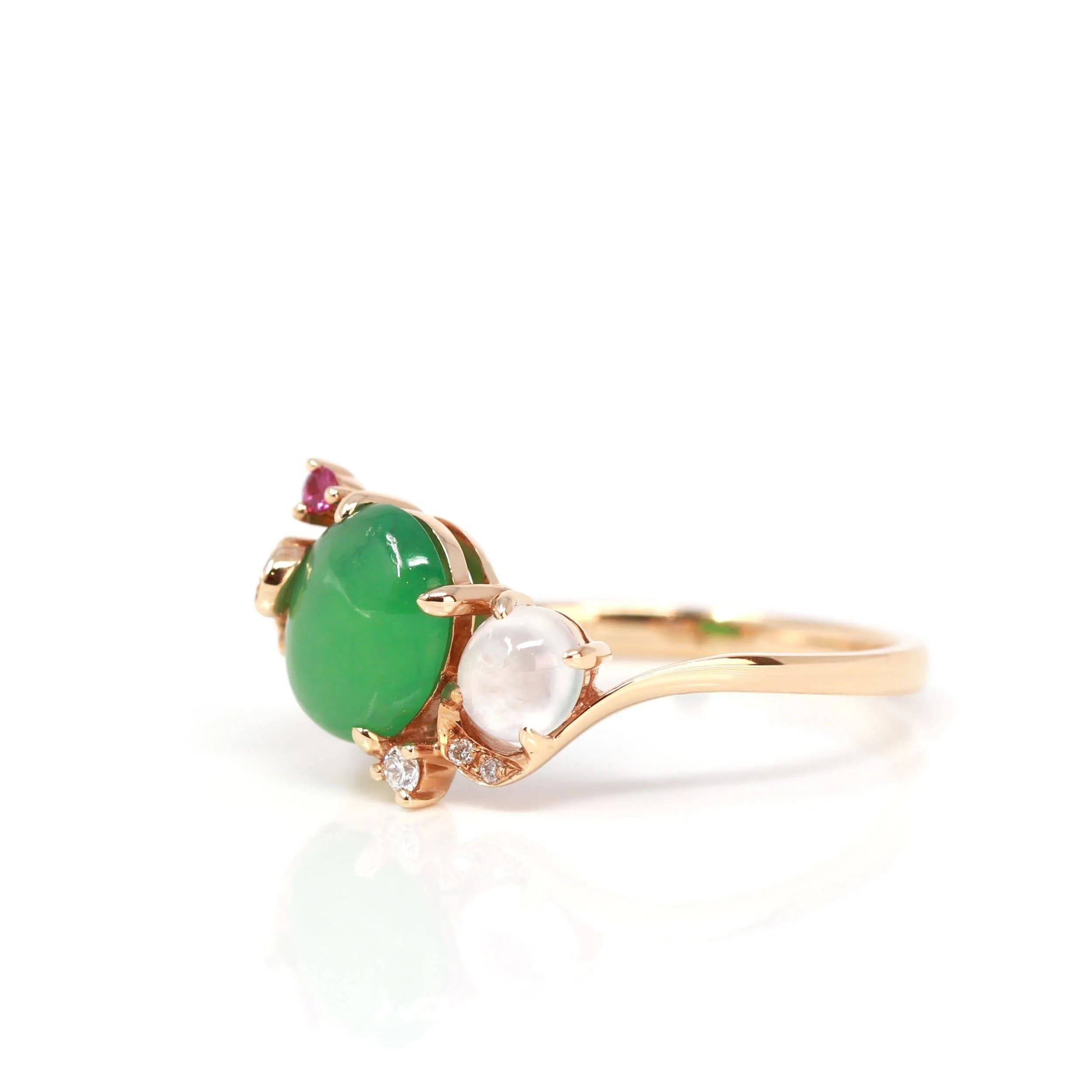 Baikalla? "Karla" 18k Rose Gold Natural Imperial Jadeite Engagement Ring With Rubies & Diamonds