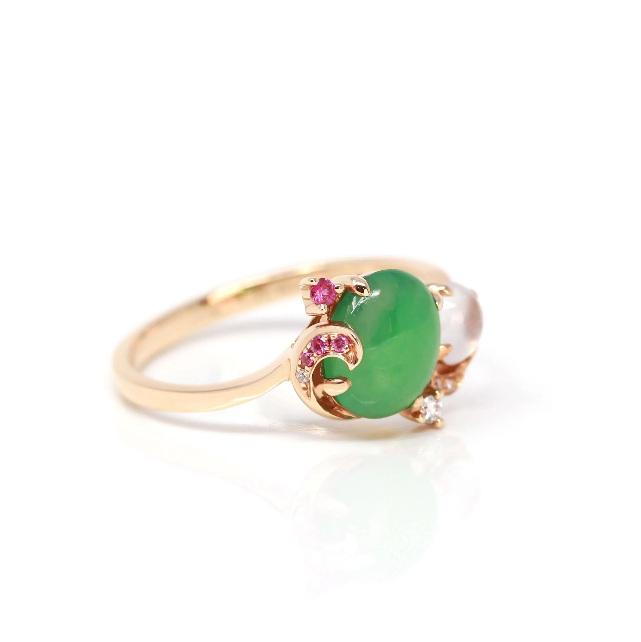 Baikalla? "Karla" 18k Rose Gold Natural Imperial Jadeite Engagement Ring With Rubies & Diamonds