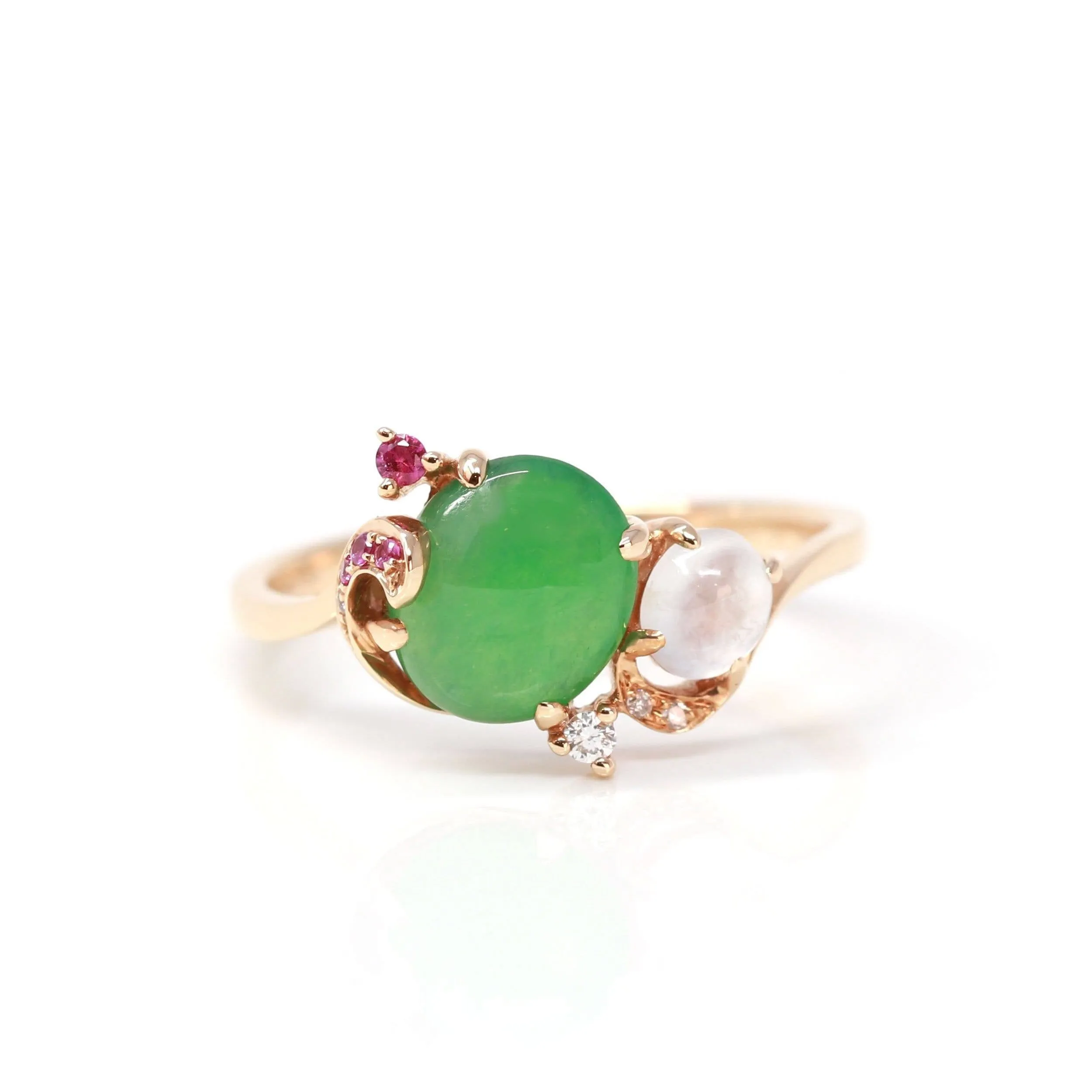 Baikalla? "Karla" 18k Rose Gold Natural Imperial Jadeite Engagement Ring With Rubies & Diamonds