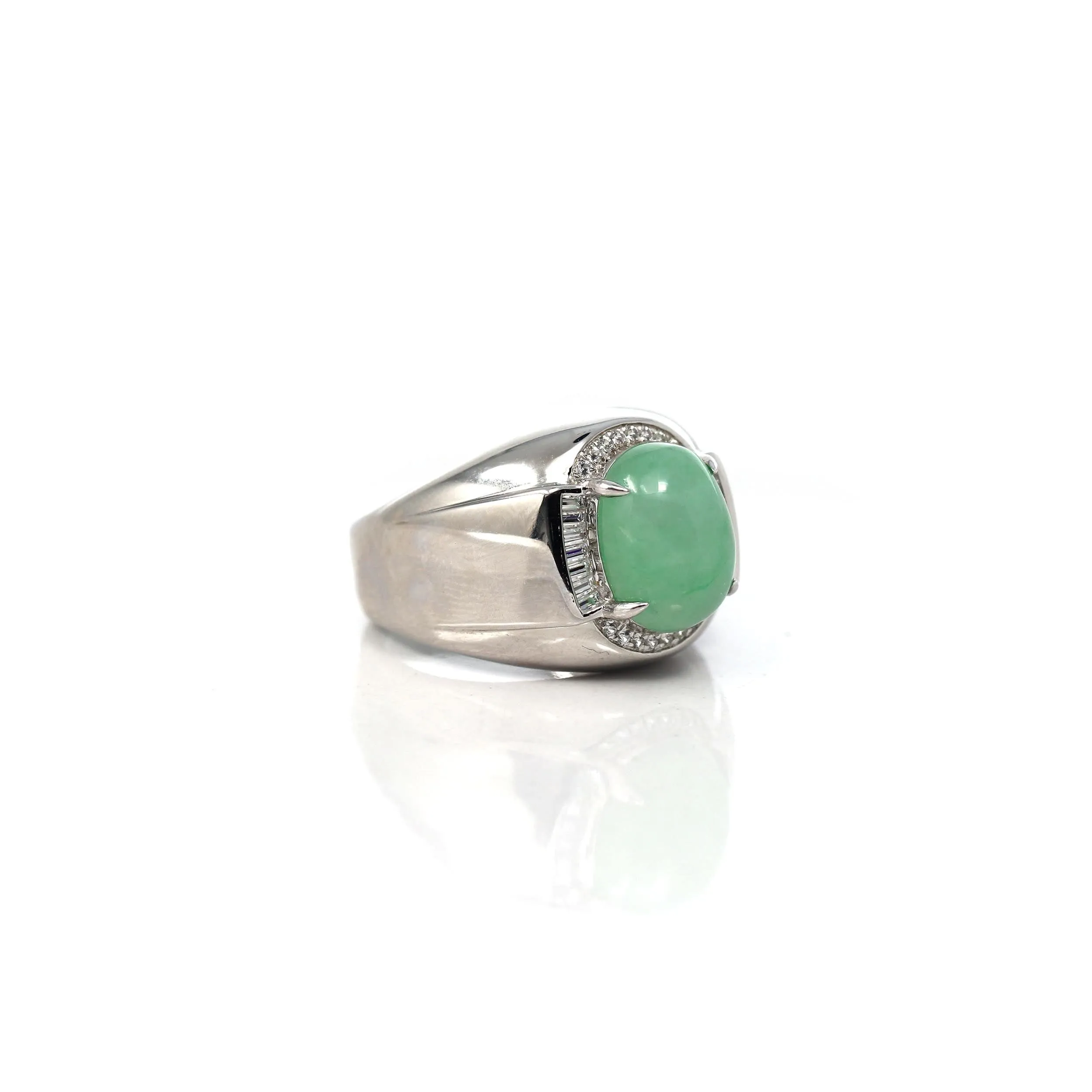 Baikalla? Sterling Silver Genuine Green Jadeite Jade Men's Ring With Sapphire