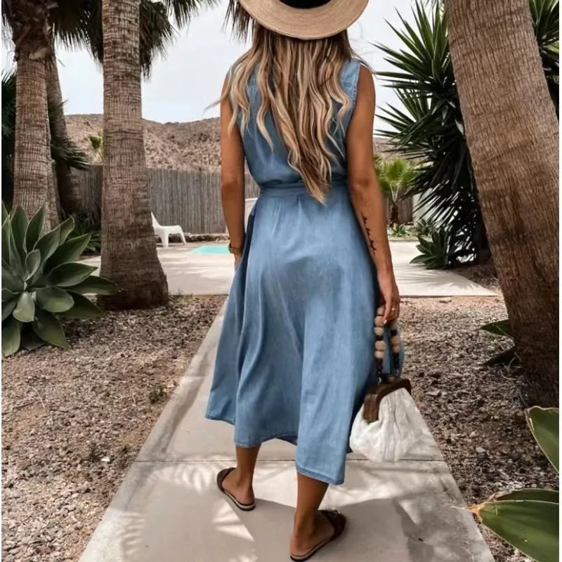 Beautiful Casual Summer Belted Denim Dress