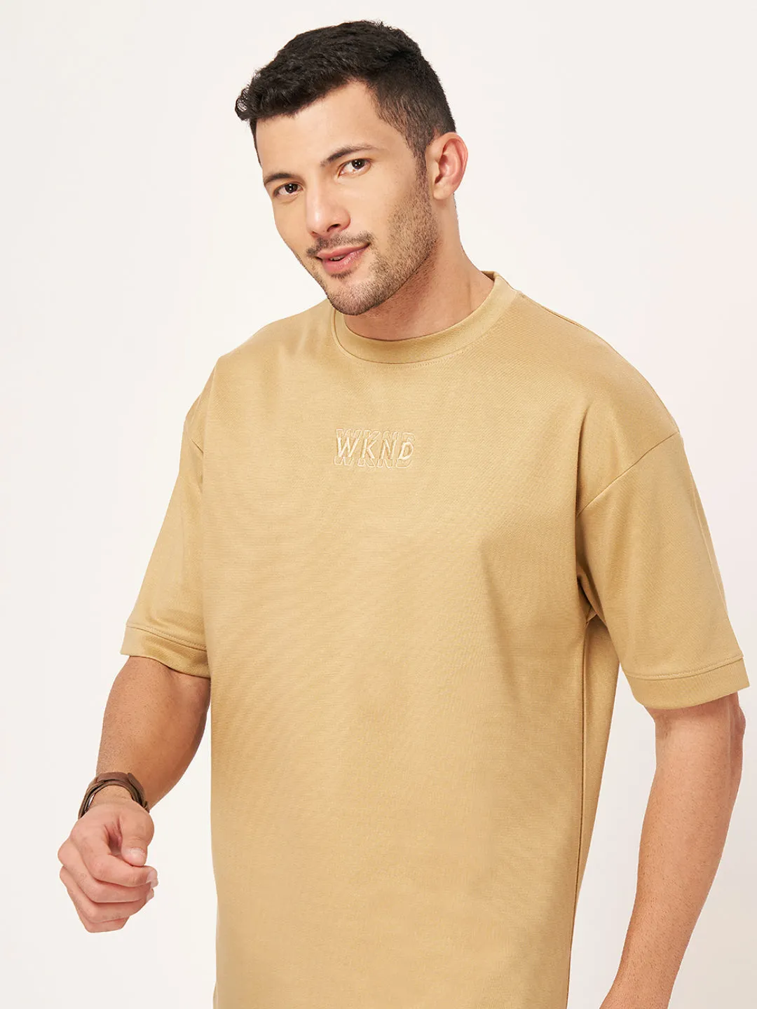 Beige Printed Half Sleeve Oversized T-Shirt