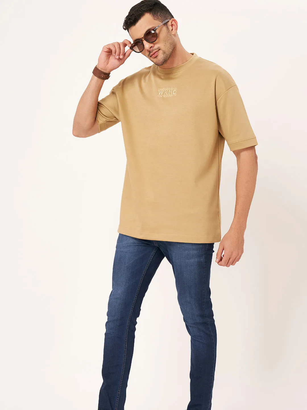 Beige Printed Half Sleeve Oversized T-Shirt