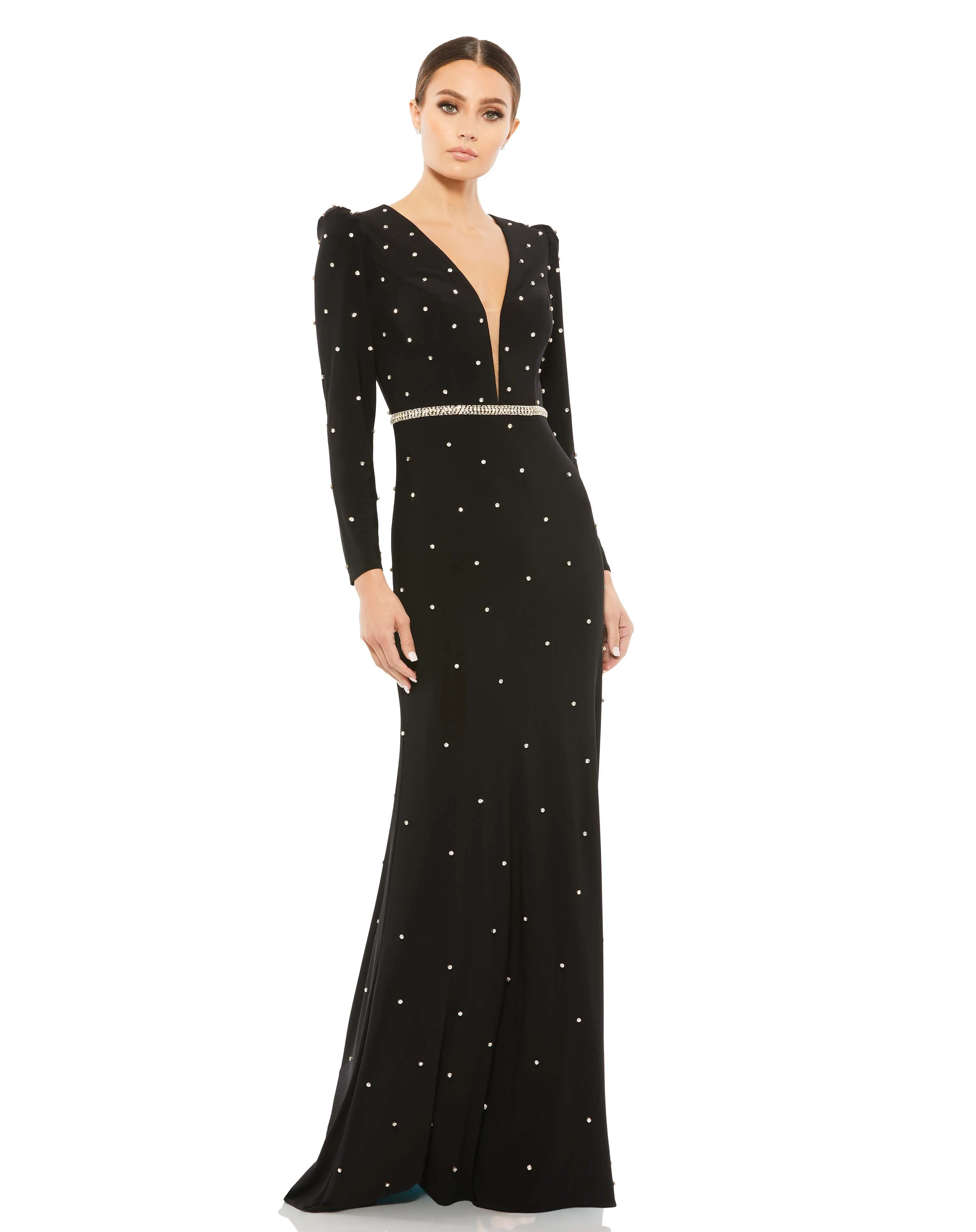 Belted Jewel Encrusted Plunge Neck Long Sleeve Gown