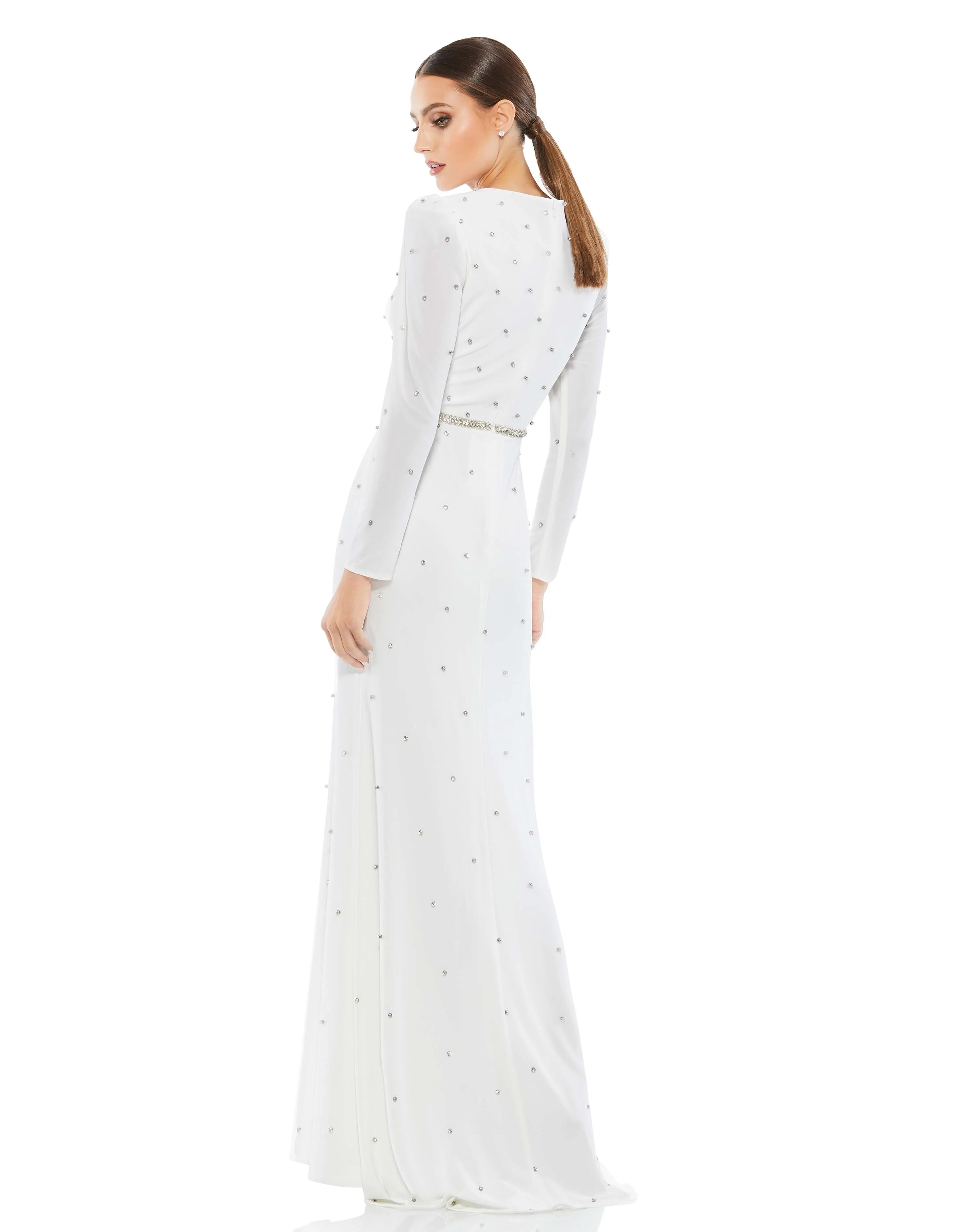 Belted Jewel Encrusted Plunge Neck Long Sleeve Gown