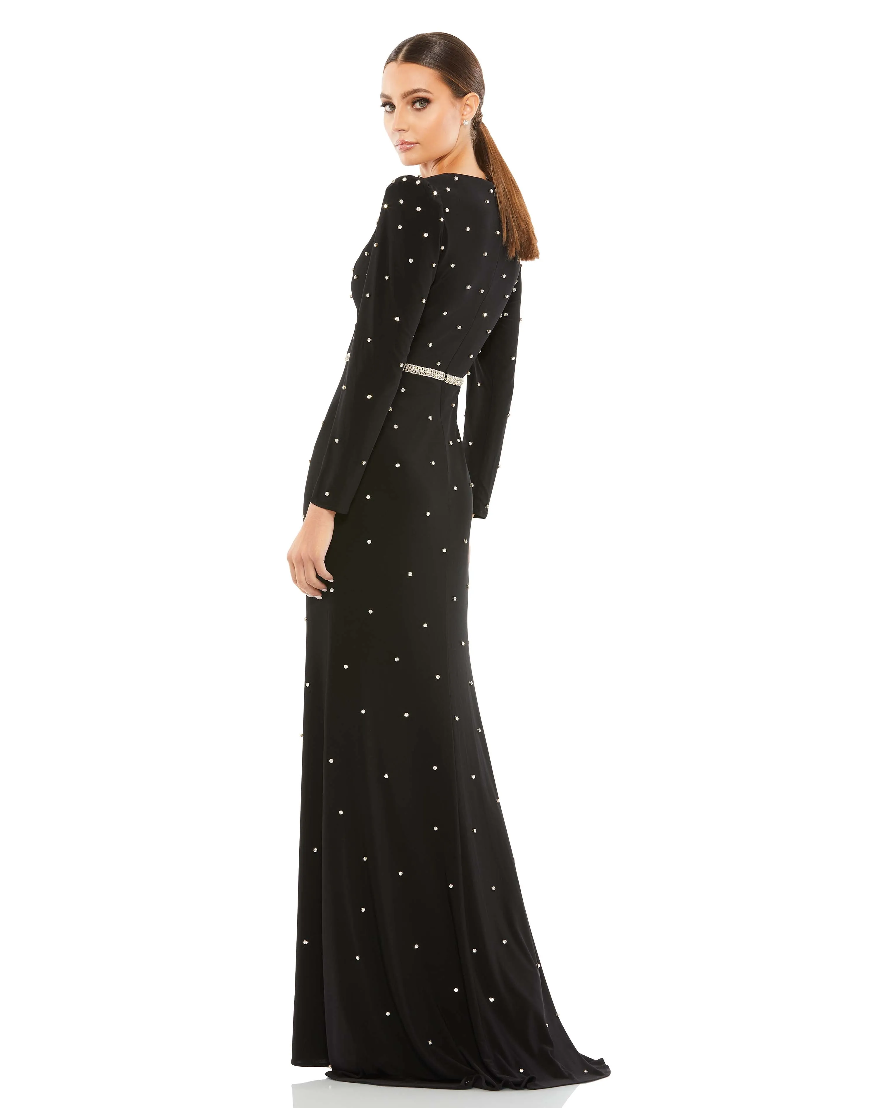 Belted Jewel Encrusted Plunge Neck Long Sleeve Gown