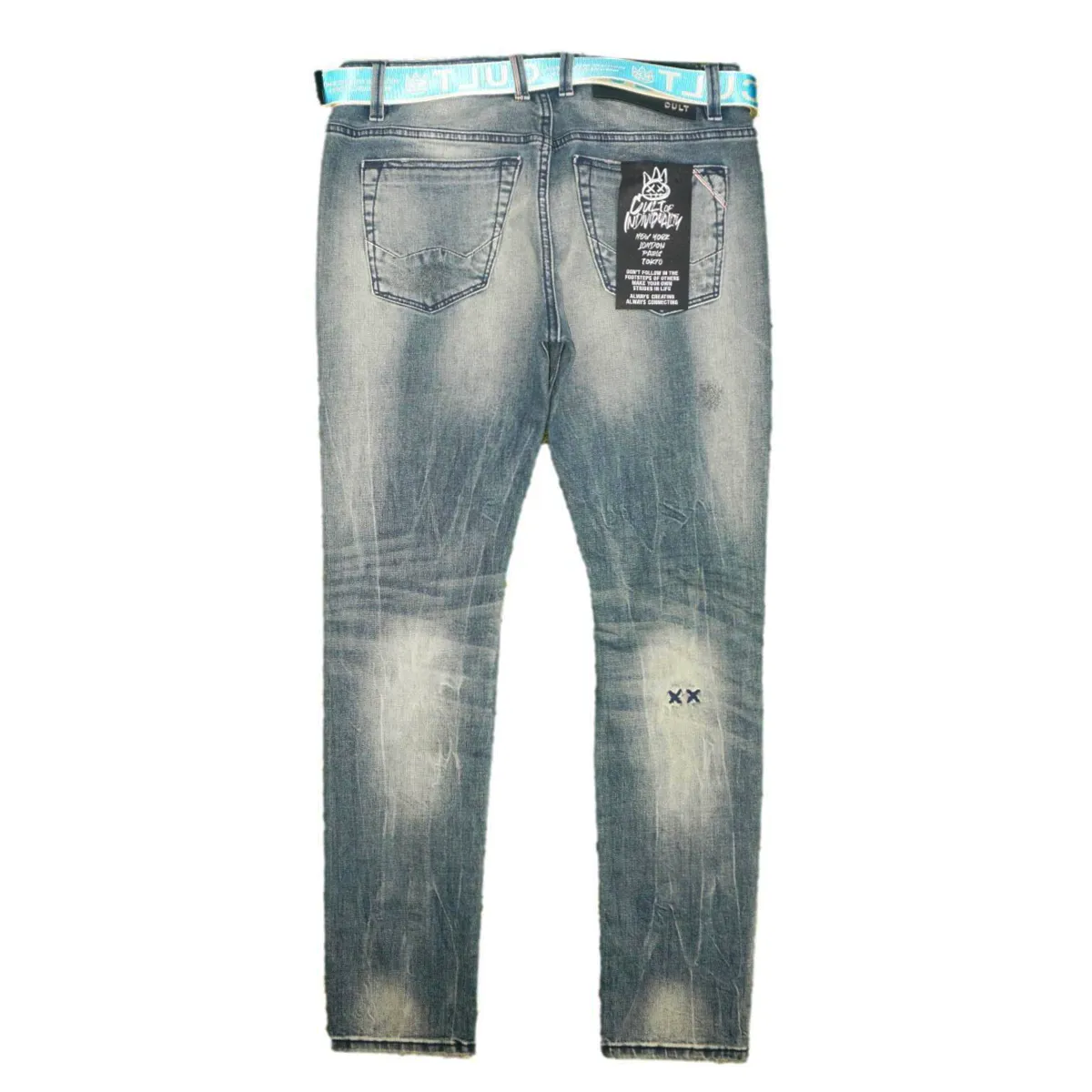 Belted Knee Rip Skinny Denim (Moss Blue) /C8