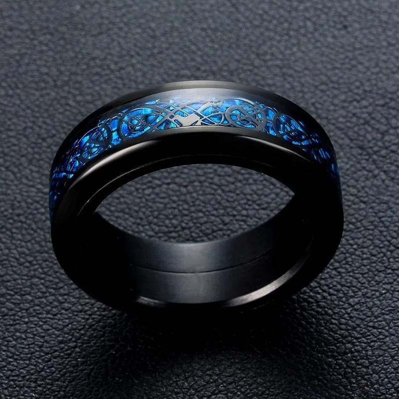 Black Celtic Dragon and Blue Cubic Zirconia Claddagh Stainless Steel Wedding Bands